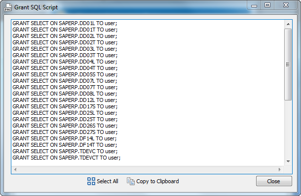 The Grant SQL form showing the GRANT statements for each SAP table accessed by ERP/CRM Integrator